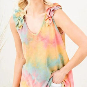 Heimish U.S.A Women's Tie Dye Ruffle Trim Tank Top V-Neck Sleeveless Size XL